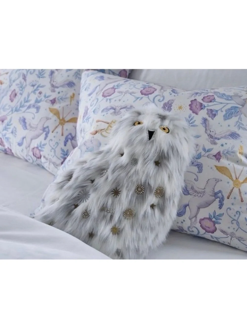 Pottery Barn Teen Hedwig White Faux Fur Owl Pillow with Gold Star Accents